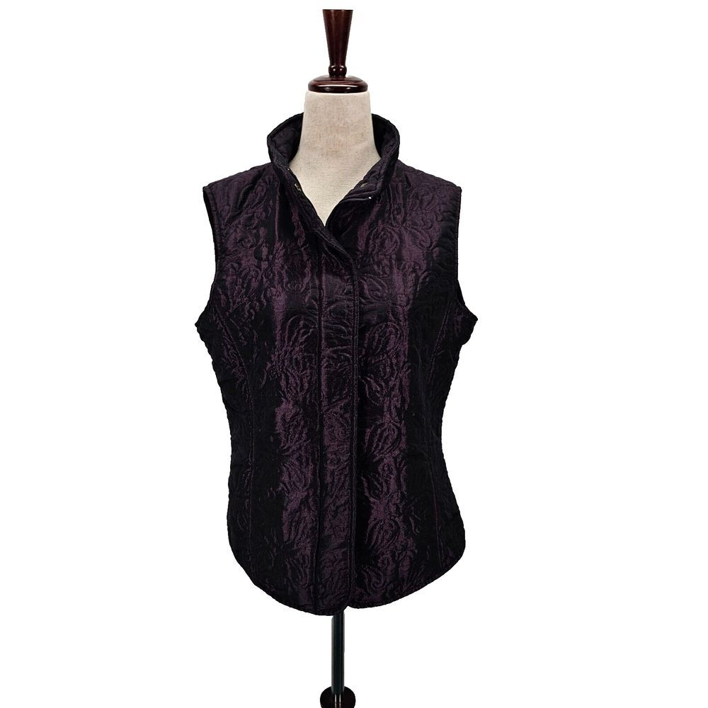 Coldwater Creek Vest Womens Medium Purple Floral Quilted‎ Snap Zipper Jacket